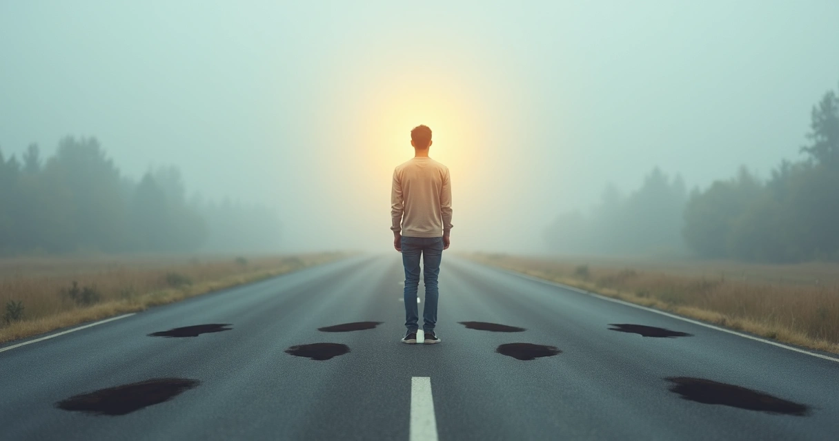 Person on a road with shadow obstacles symbolizing blind spots in self-coaching 