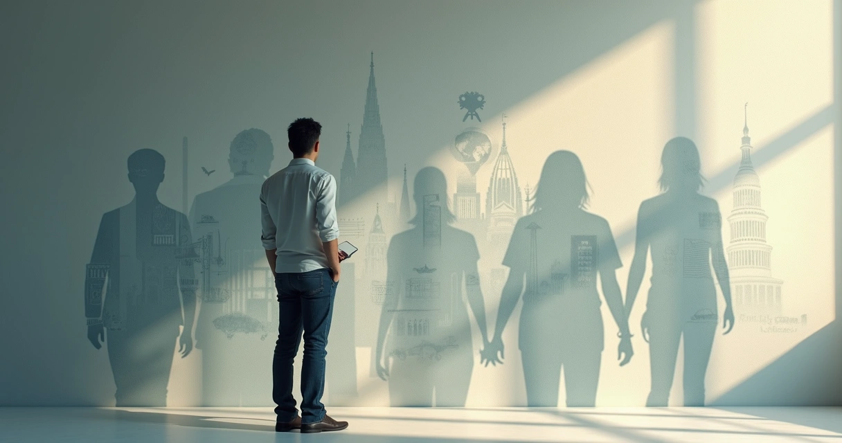 Person facing a wall of cultural symbols casting overlapping shadows 