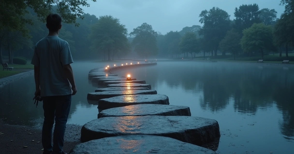 Person crossing a broken stepping stone bridge with glowing path ahead 