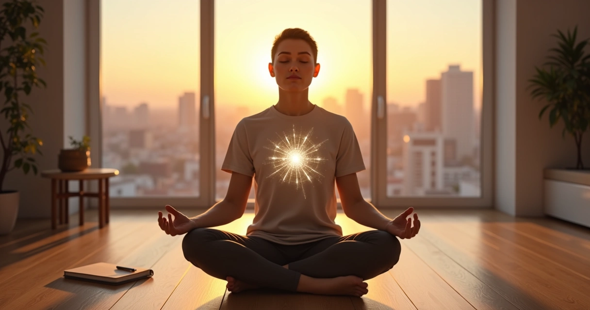Person meditating with glowing inner silhouette and abstract mind connections 