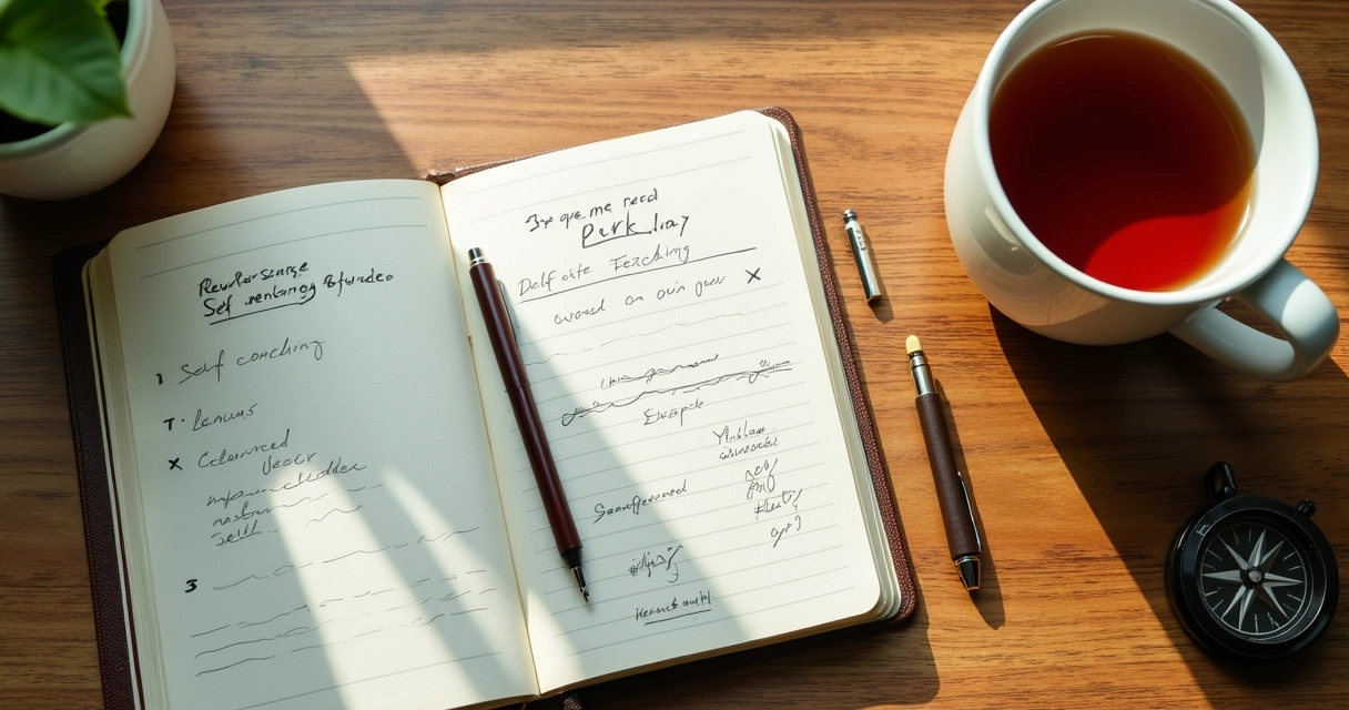 Desk with a self-coaching journal, pen, cup of tea, and soft morning light