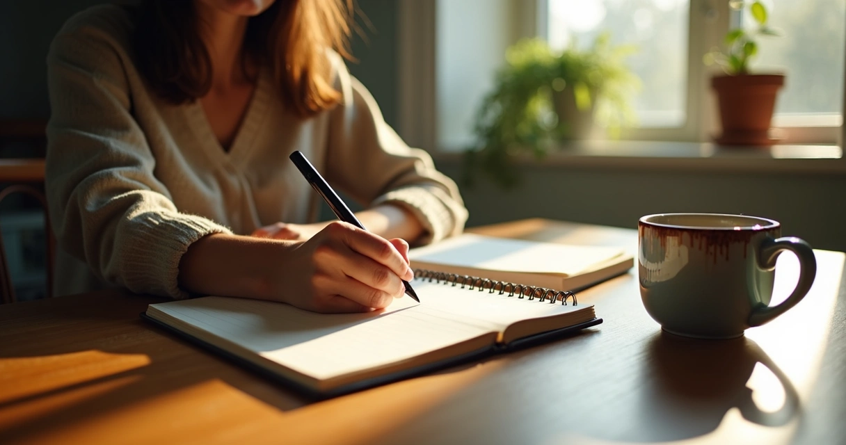 Person sitting at a wooden table writing in a journal with a cup of tea beside, sunlight coming in through a window.