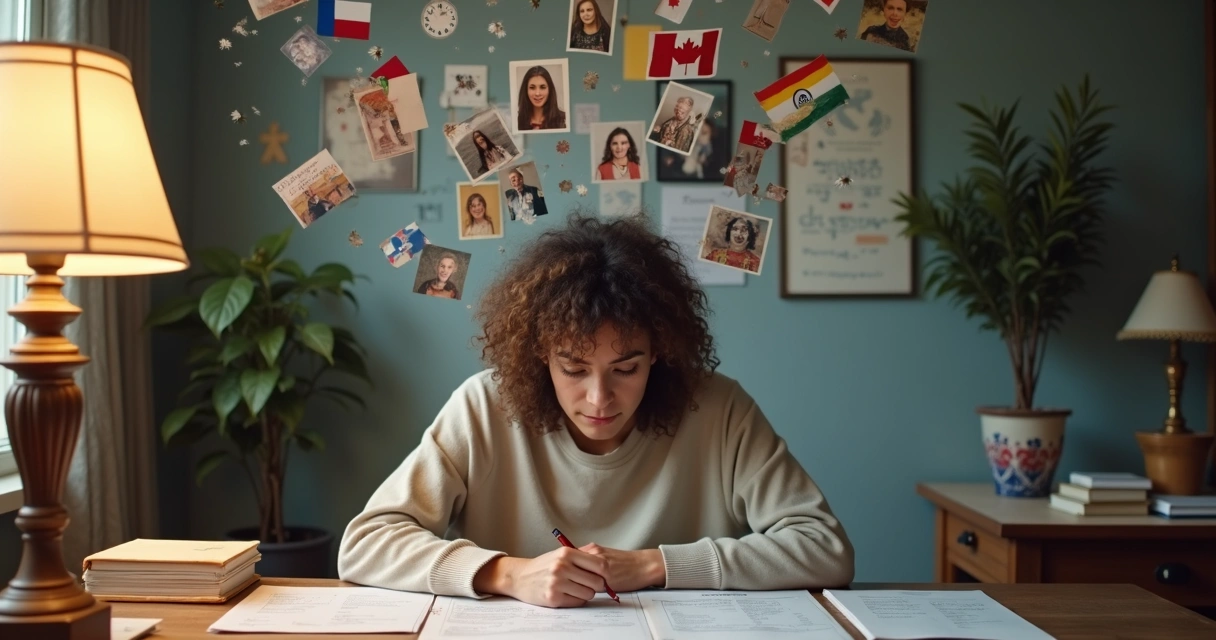 A person sitting at a desk with self-coaching worksheets surrounded by symbols representing cultural influence 