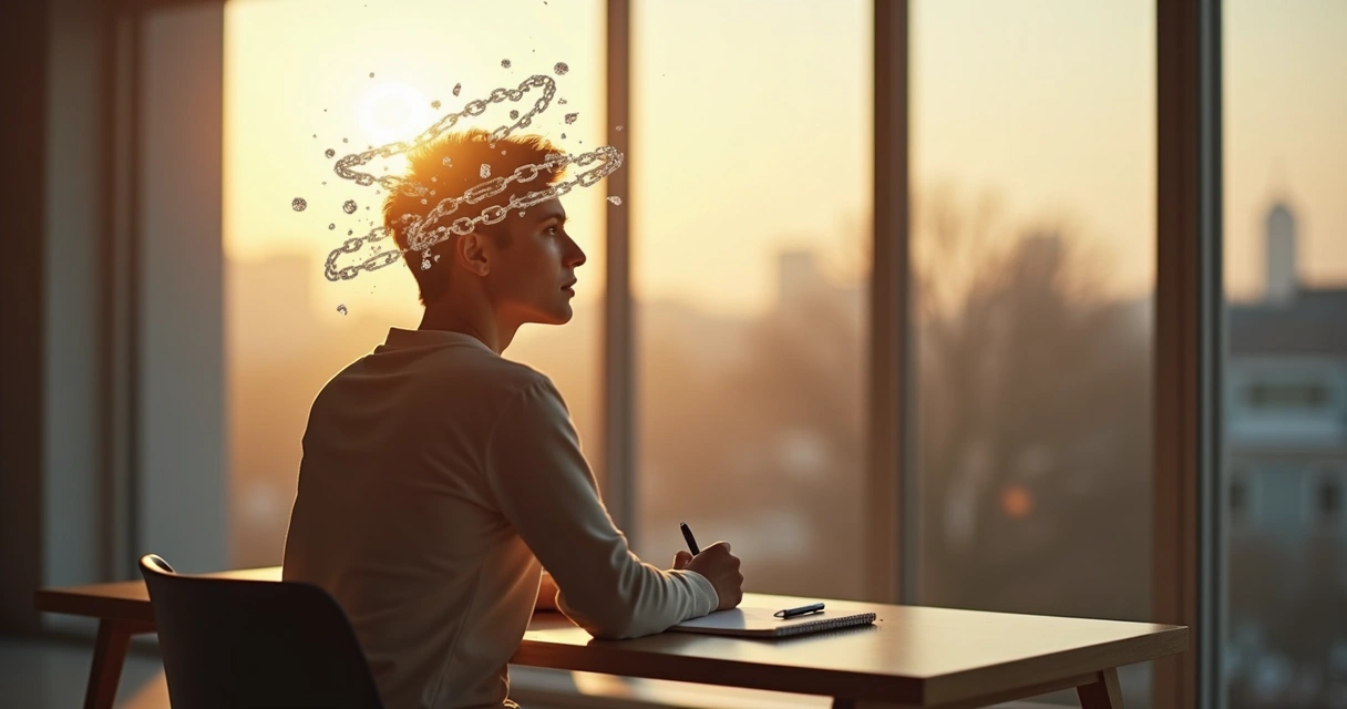 Person breaking mental chains of self-coaching myths 