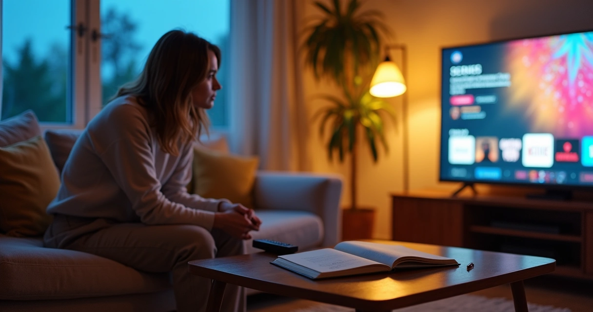 Person sits on sofa between open journal and streaming screen hesitating what to choose 