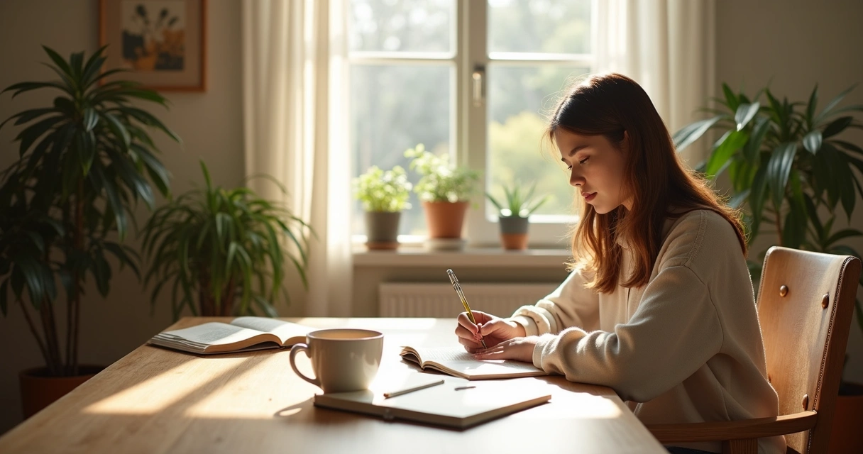 Individual writing in a journal with focus and calm in a cozy home workspace. 