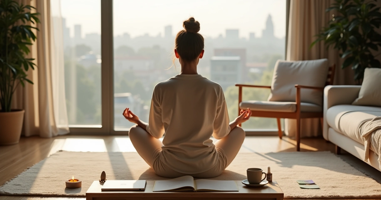 Person practicing a morning self-coaching ritual with journal and meditation by a window 
