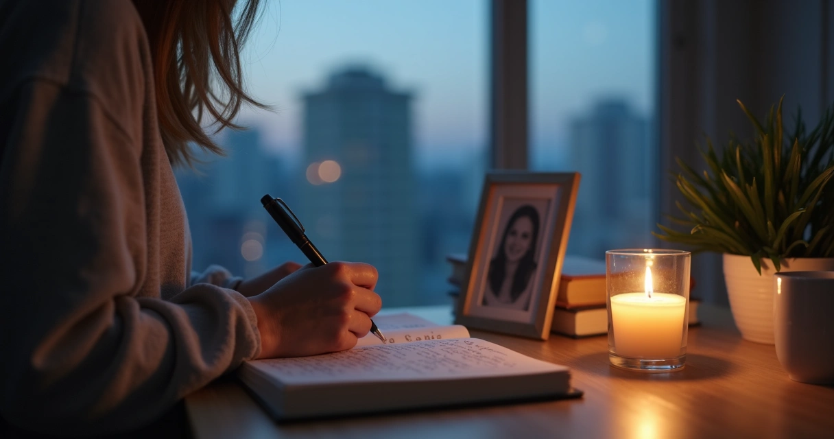Person writing in notebook beside lit candle and framed photo at dusk window 