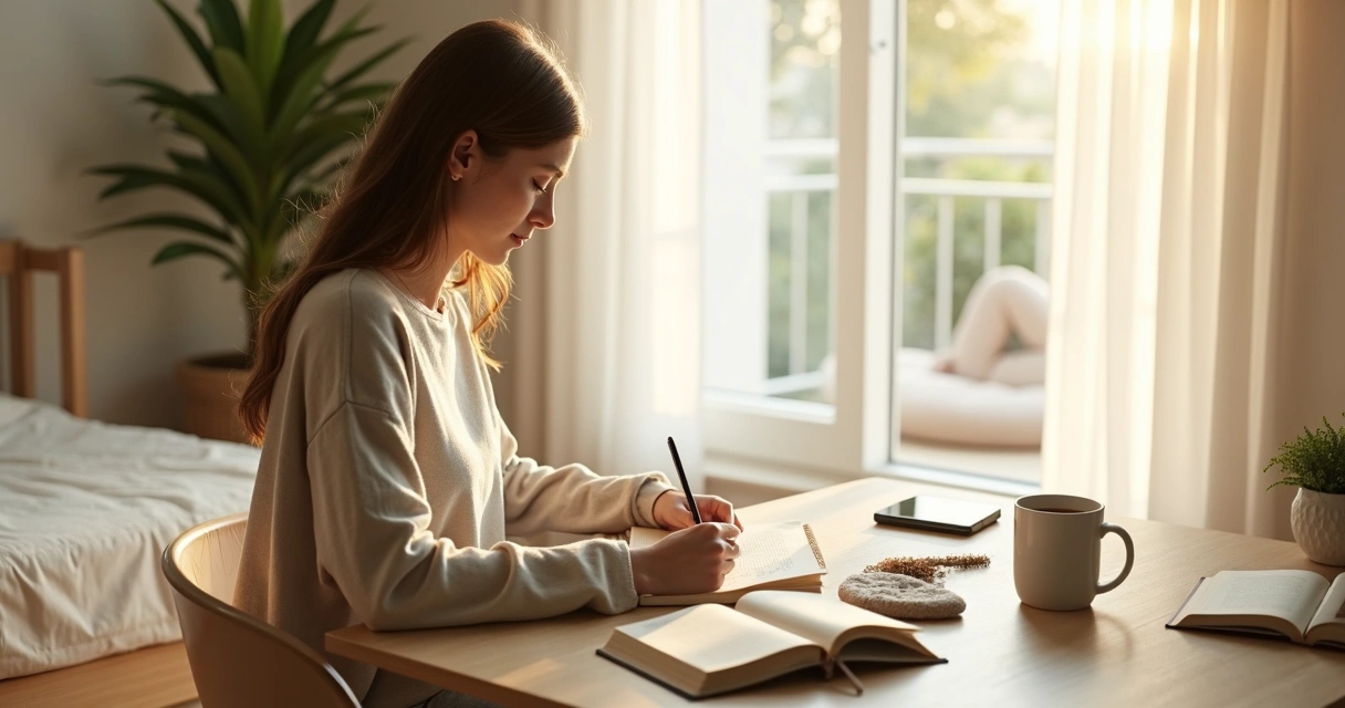 Person journaling at a minimalist desk with sunlight and plants 