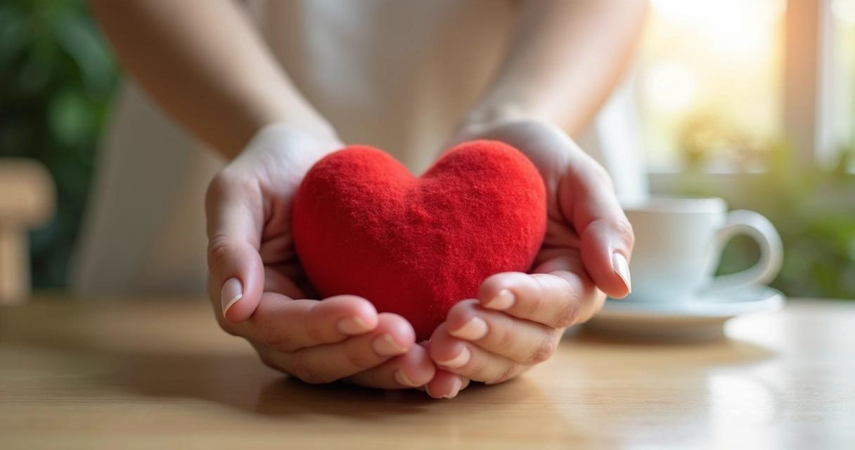 Two hands holding a red heart plush on a table 