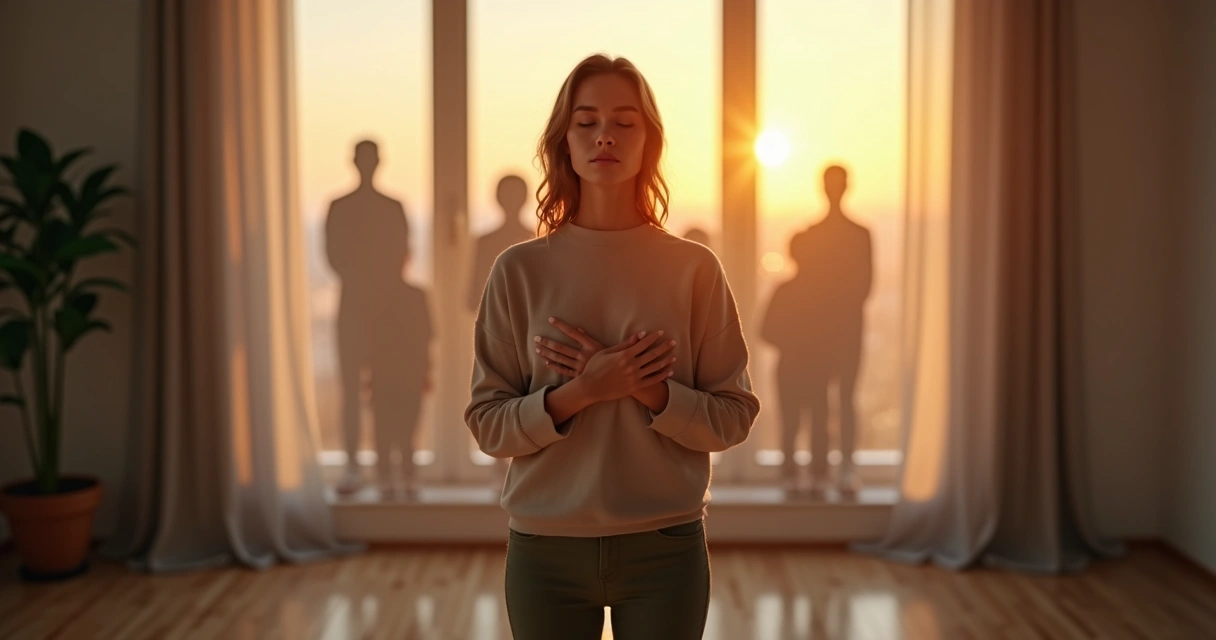 Person gently holding their own shoulders as family shadow chains fall away 