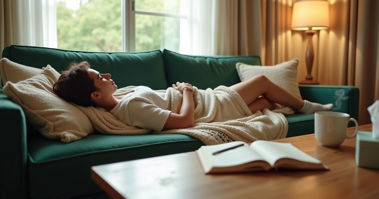 Person resting on sofa with journal and blanket in soft morning light 