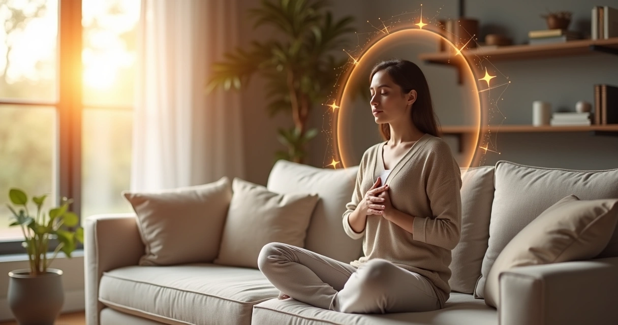 Person practicing self-compassion meditation surrounded by subtle growth symbols 