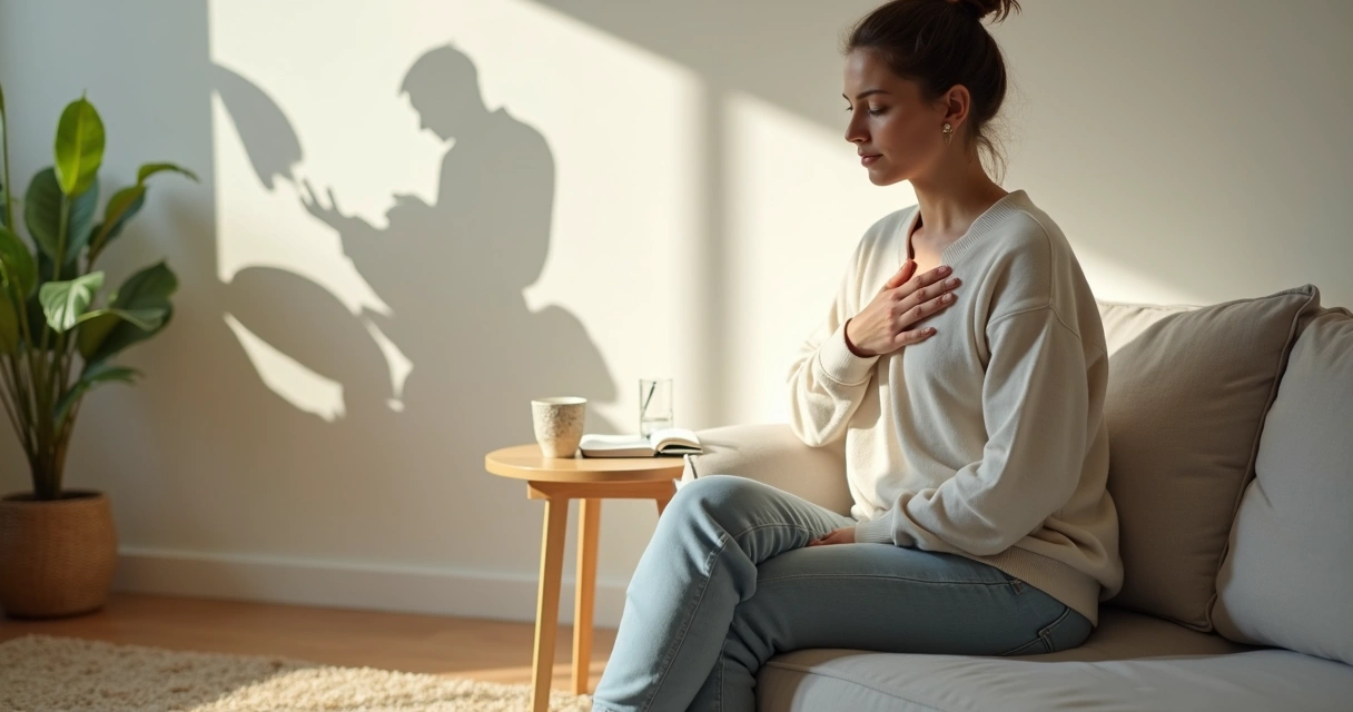 Person comforting themselves in a calm room with a shadow representing inner criticism 