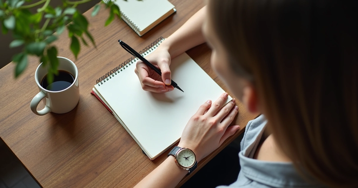 Person sitting at a wooden desk writing in a journal with a peaceful atmosphere
