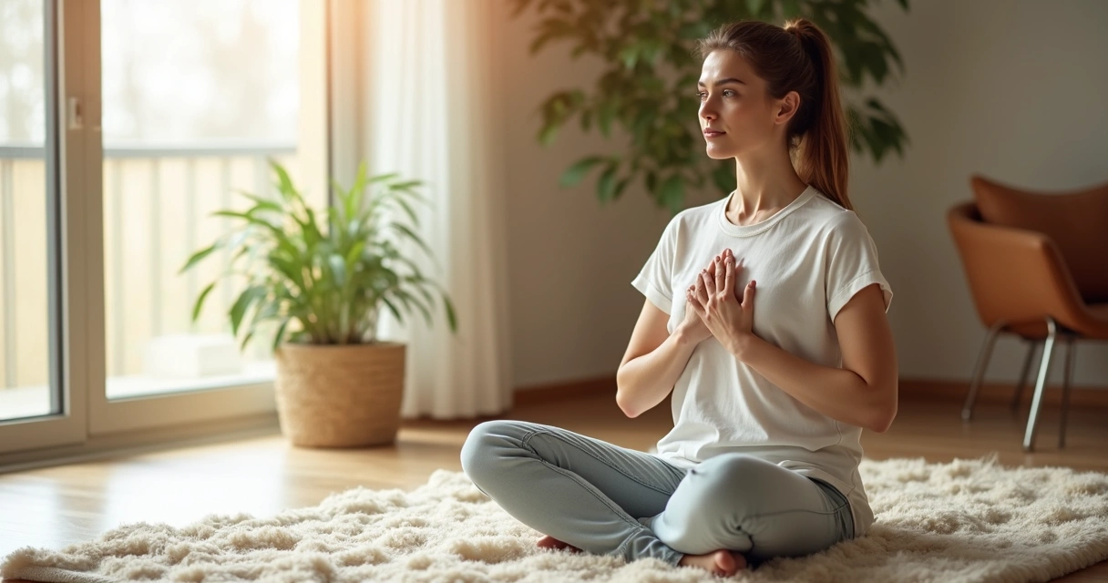 Woman sitting quietly, hands on heart, practicing mindful compassion