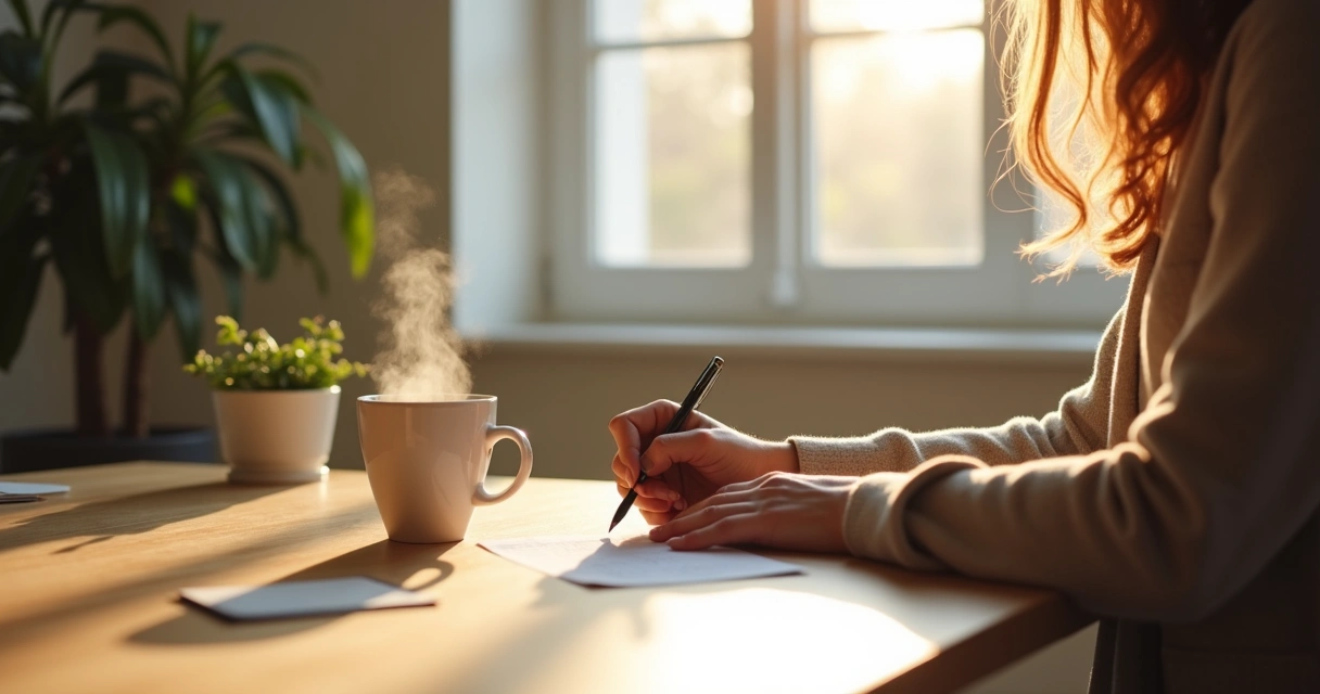Person writing a self-compassionate note at a desk 
