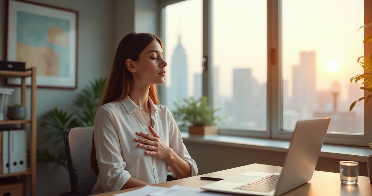 Professional woman at desk pausing with hand on heart while reviewing documents 