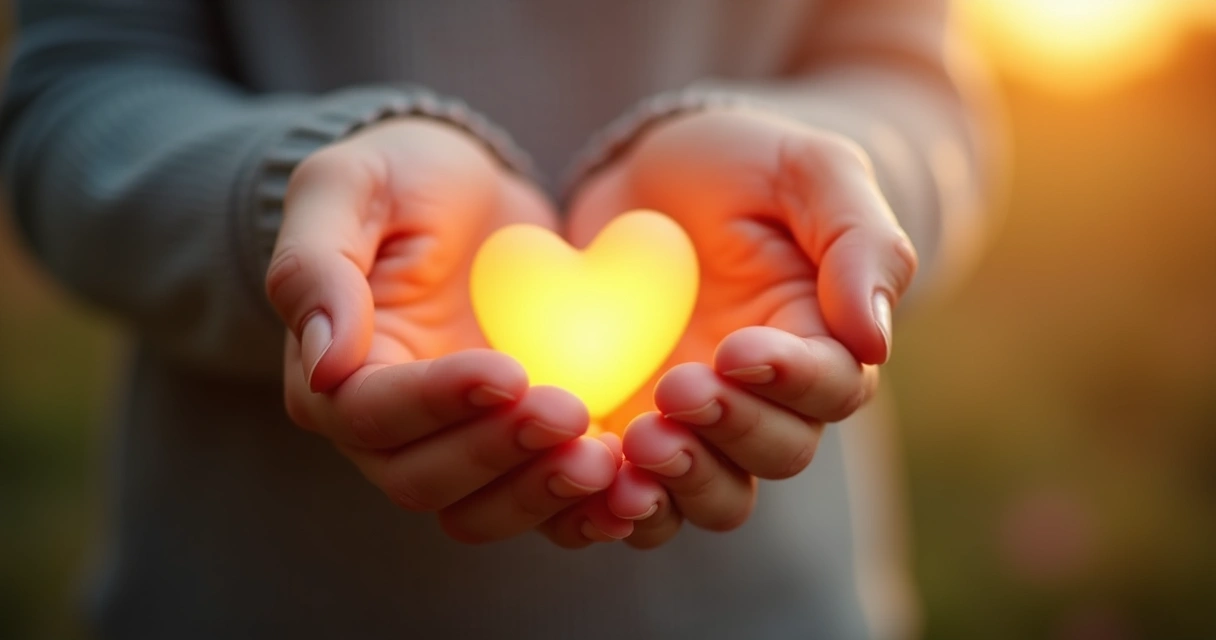 Hands gently holding a small glowing heart, symbolizing self-compassion and transformation 