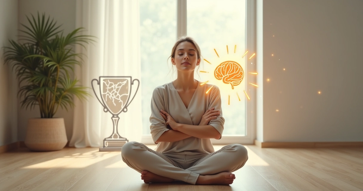 Person gently embracing themselves with balanced mind and heart icons 