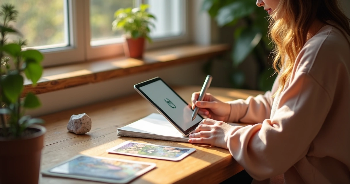 Person recording tarot reading confidence in a digital journal 