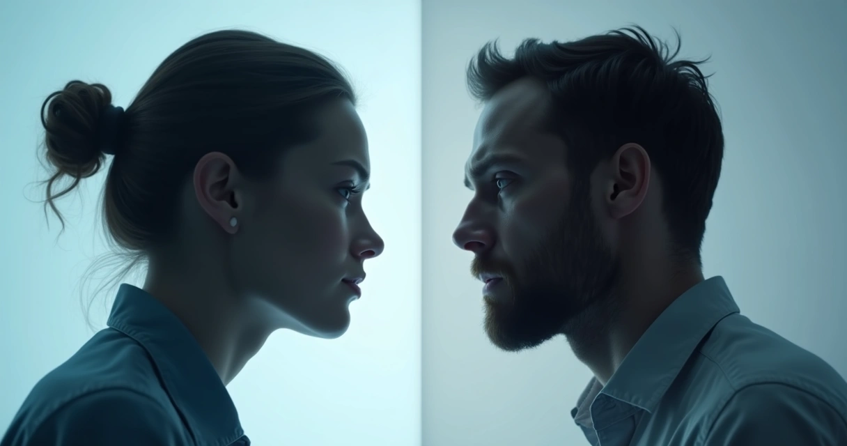 Two profiles facing each other, one calm and composed, the other tense with a pushed down shadow behind