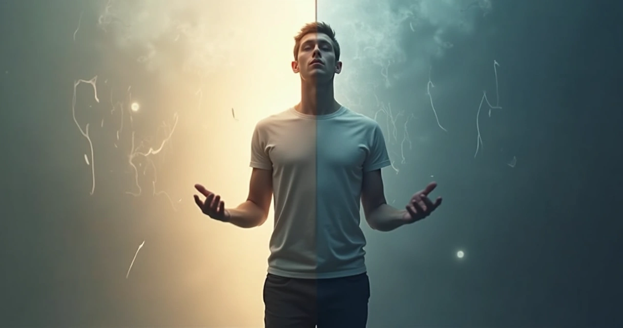 Person split between calm self-control and tense emotional repression 