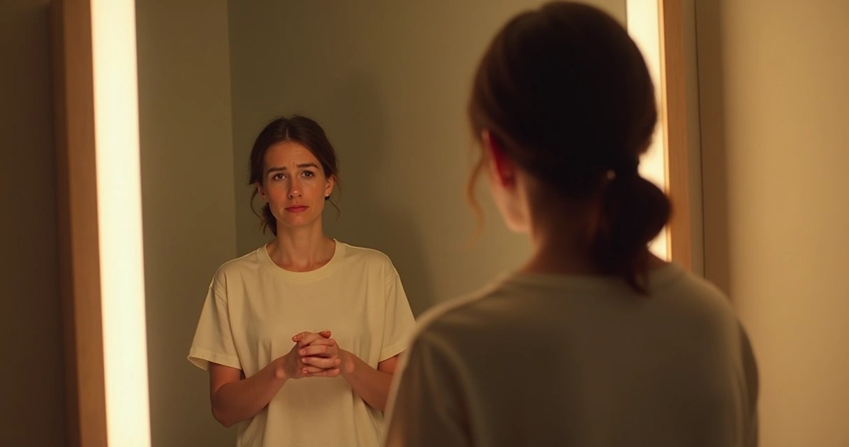 Person looking at their reflection in the mirror with a critical expression 