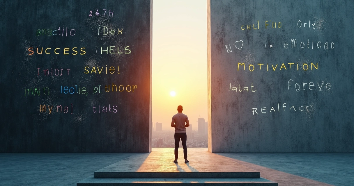 Person facing a wall of shattered self development myths and clear truths ahead 