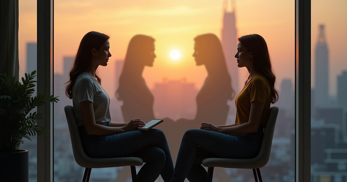 Person reflected in a window with overlapping silhouettes symbolizing inner dialogue 