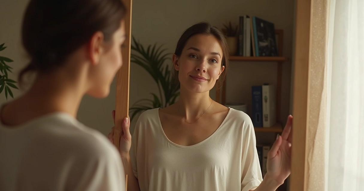 Person reflecting in a mirror with thoughtful expression