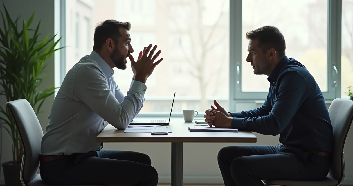 Split scene of two people, one speaking openly in a conversation, the other quietly listening, both in a tense office setting.