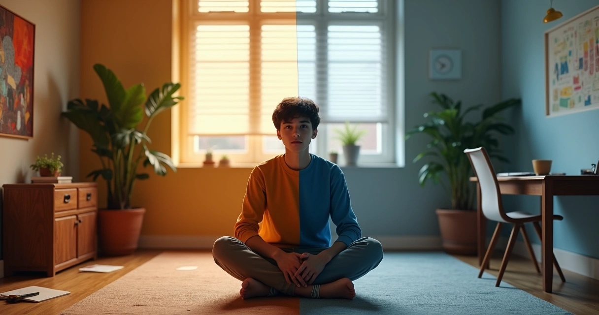 Person sitting in a room split between bold color and muted grey tones 