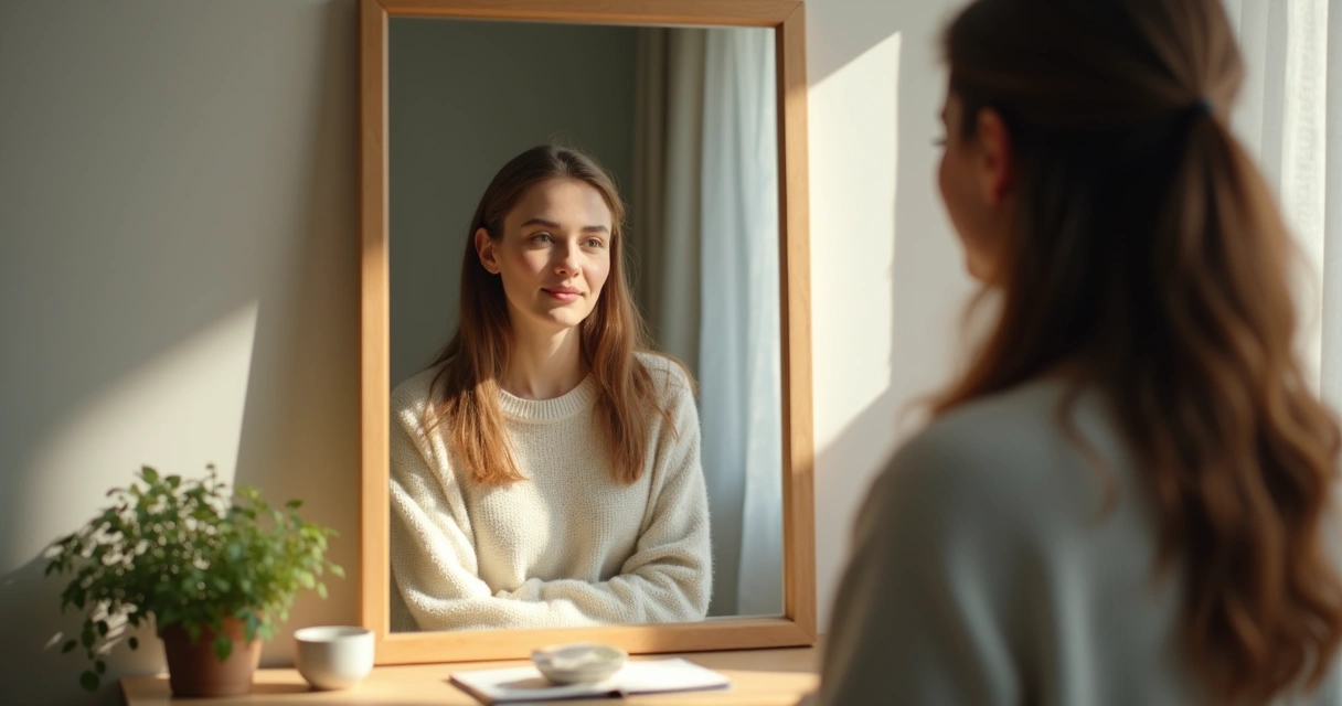 Person looking in mirror, pondering, surrounded by soft light 