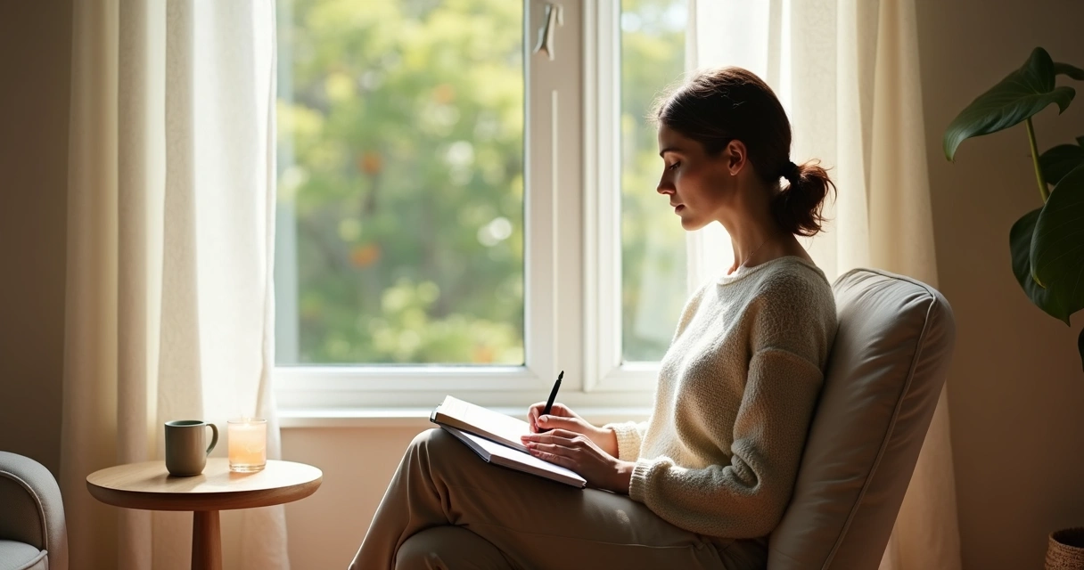 Woman sitting by a window in soft light journaling about self-forgiveness 