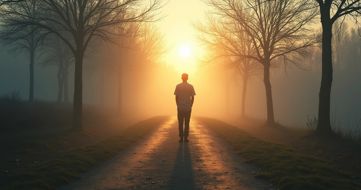 Person standing on a path between shadow and light symbolizing self-forgiveness and inner change 