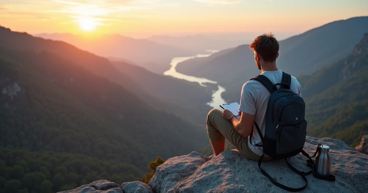 Person sitting on a mountain ledge reflecting over a valley at sunrise 