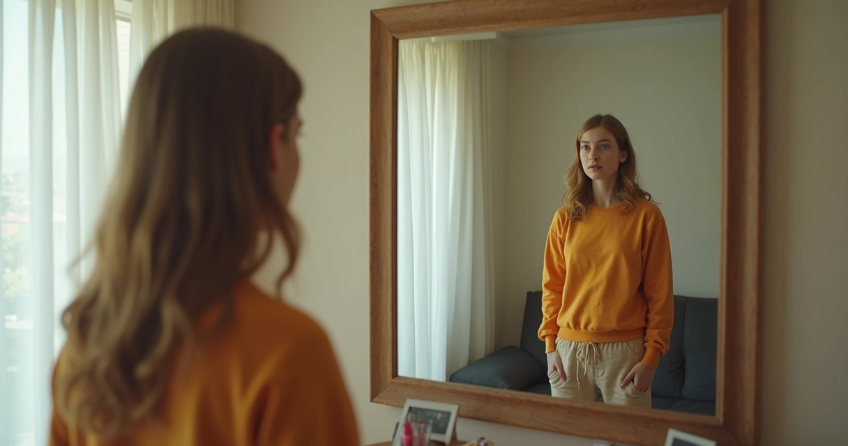 Person looking into a mirror, with their reflected self appearing more confident and vibrant 