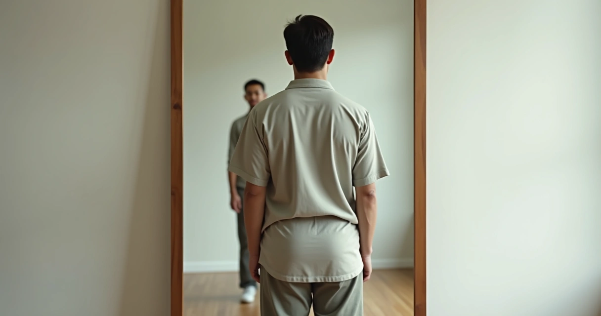 Person looking at two contrasting reflections in a mirror 