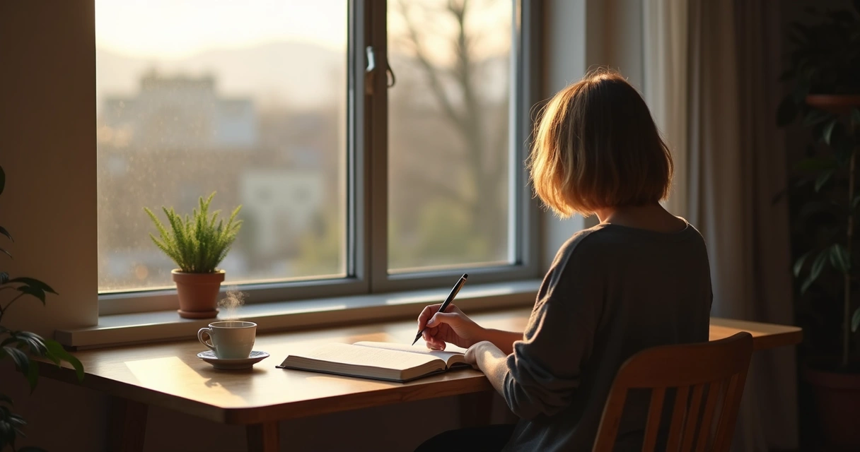 Person journaling thoughtfully by a window with light and shadow suggesting inner reflection 