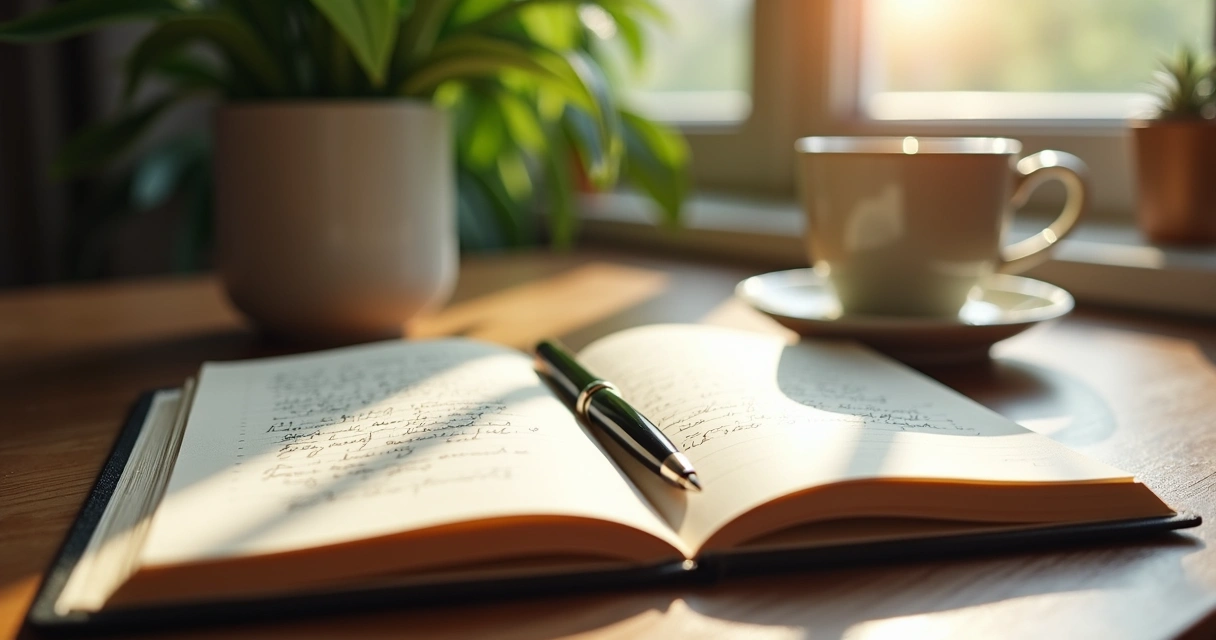 Open journal with handwritten notes and pen on wooden desk 