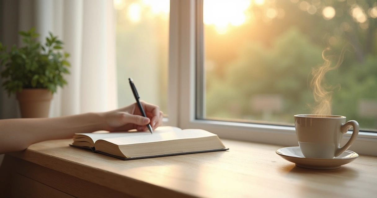 Person journaling self-inquiry prompts by a window with soft morning light 