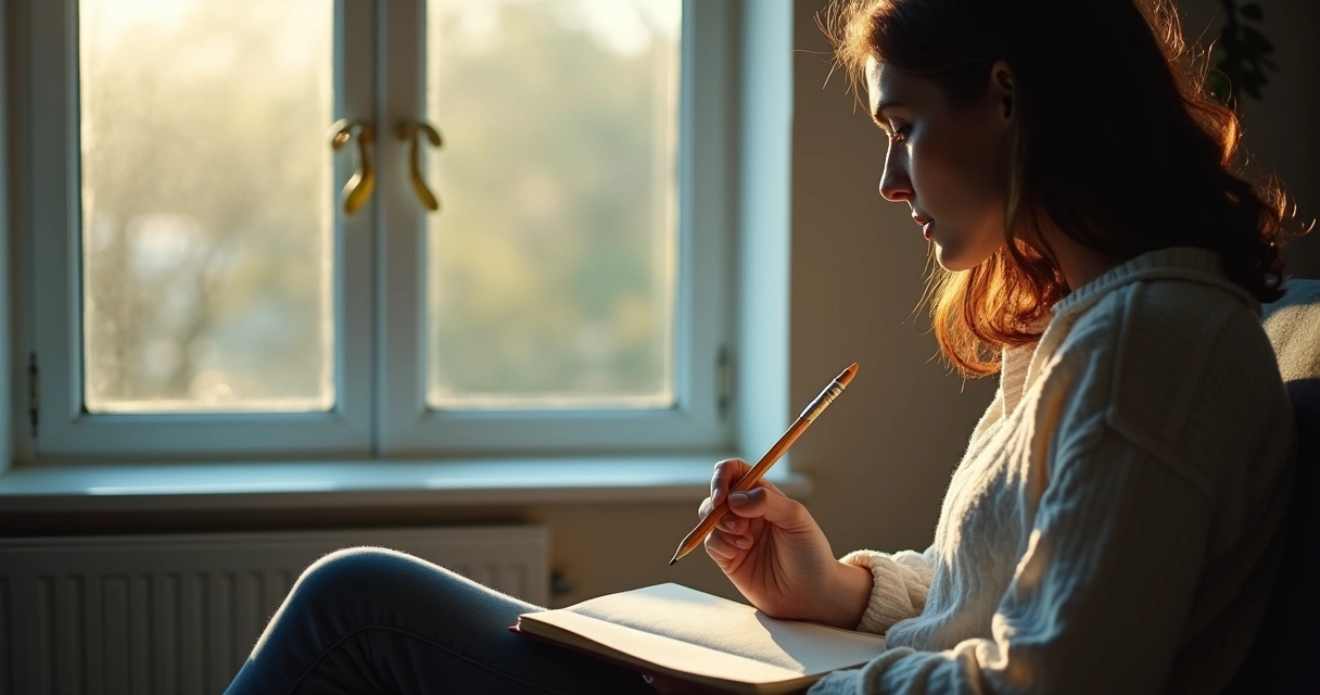 Person thoughtfully reflecting with journal in hand 