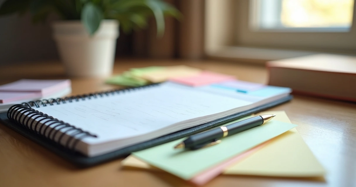Notebook, pen, sticky notes, and mindfulness cards arranged on a wooden desk 
