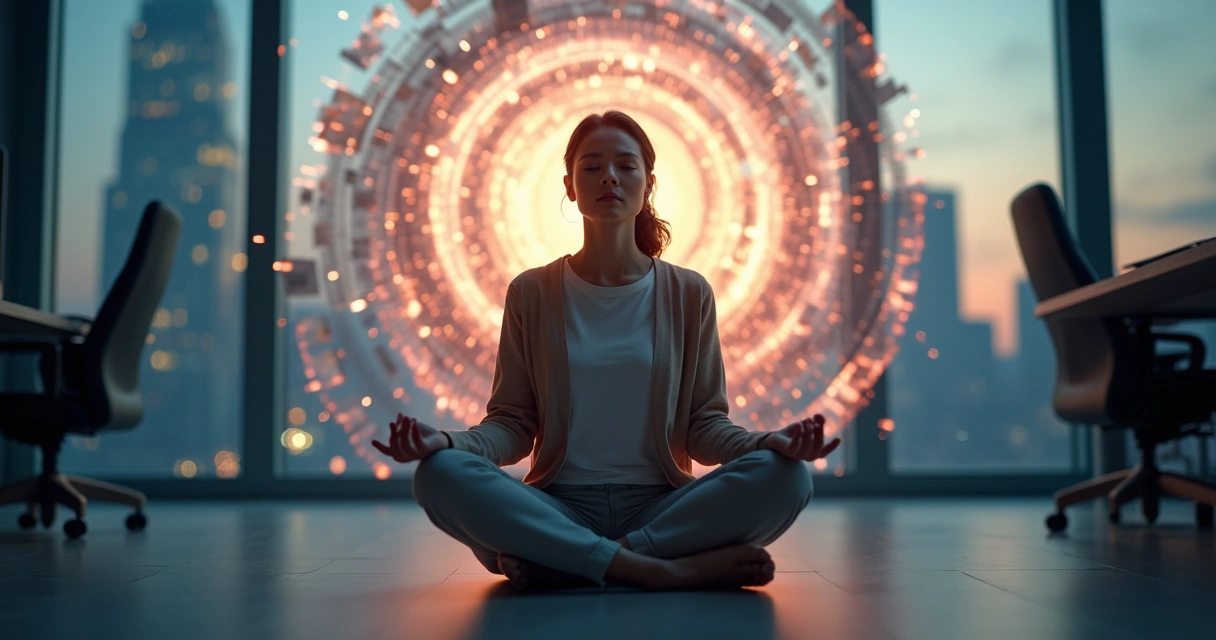 Person sitting in calm posture amid swirling abstract chaos 