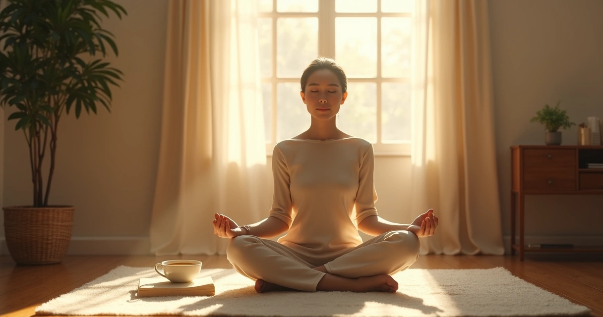 Calm person meditating in a bright room with light beams. 