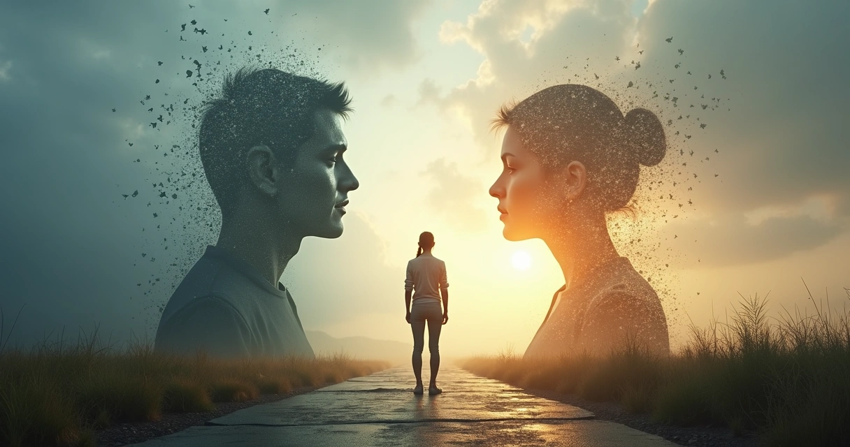 Person standing on a path between a fragmented and an integrated self silhouette 