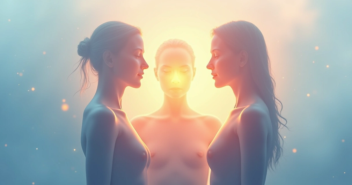 Conceptual illustration showing three outlined human figures overlapping to represent physical, emotional, and conscious selfs, with subtle light effects connecting them. 