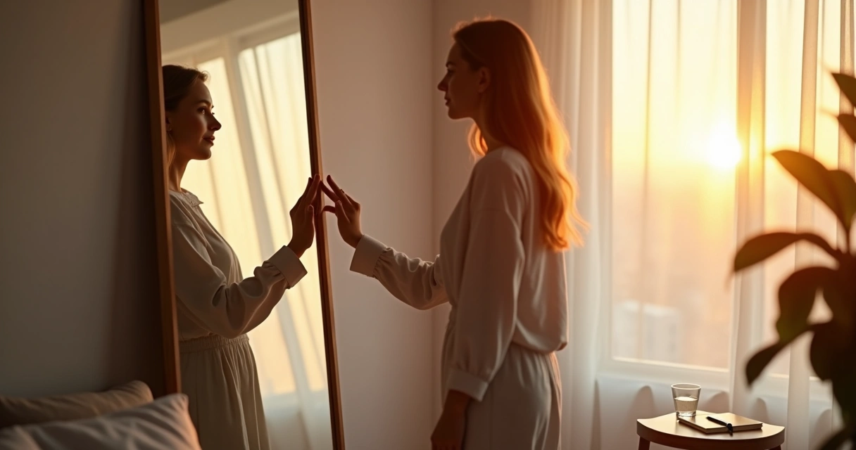 Person gently touching their reflection in a dimly lit mirror with emerging warm light 