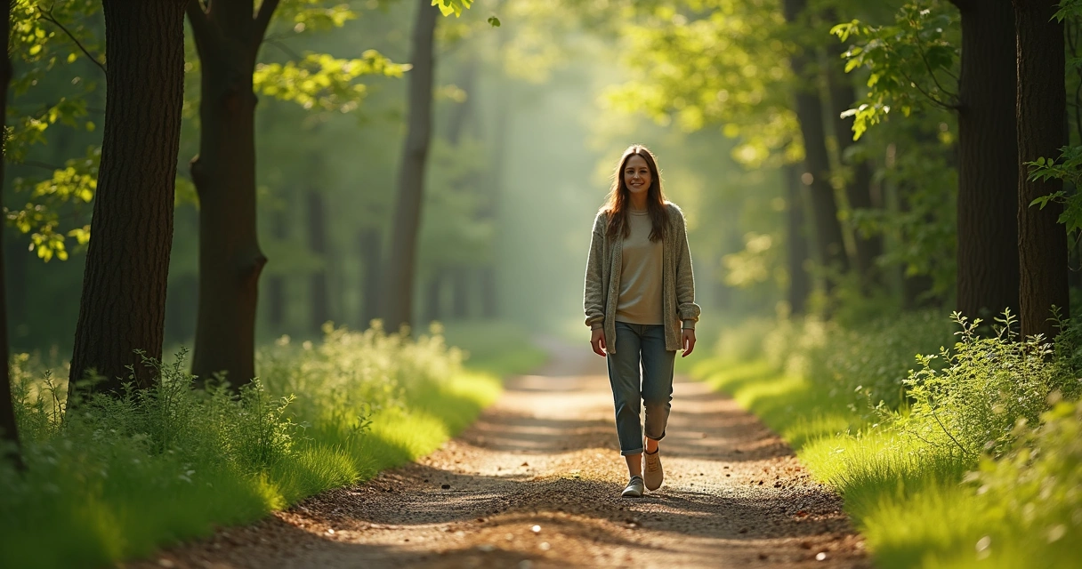 Person enjoying peaceful walk in nature, surrounded by green trees 